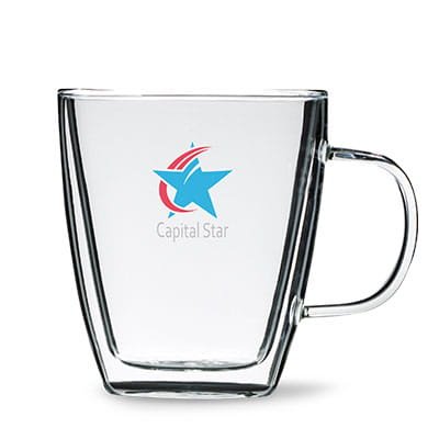 Kubek reklamowy wykonany z lekkiego szkła o podwójnych ściankach.