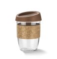 kubek szklany wieczko sylikonowe brązowe czarne uchwyt korkowy idealny na bardzo ciepłe napoje wysokie temperatury łatwe picie kubek podróżny