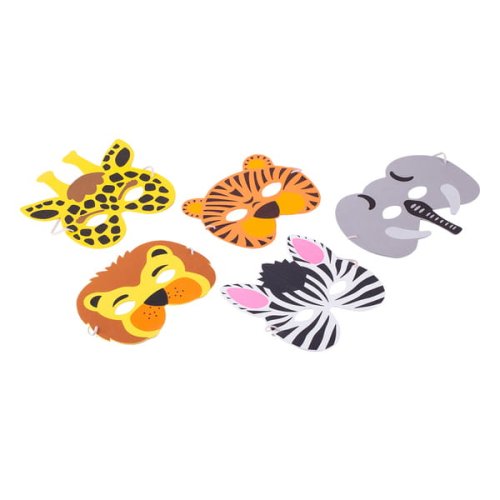 Zestaw masek animals. w komplecie jest 5 masek, maska lew, słoń, żyrafa, zebra, tygrys. Warszawa. Gadżety reklamowe w Warszawie.