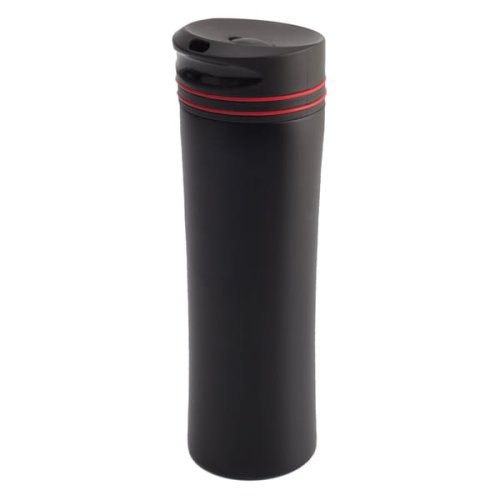 Kubek izotermiczny Lahti 450 ml, czerwona opaska, czarne kubki termiczne z nadrukiem, czarne kubki termiczne z logo