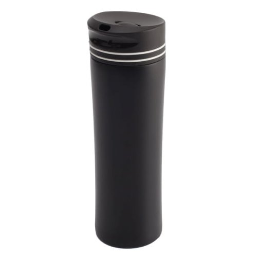 Kubek izotermiczny Tornio 450 ml, biała opaska, kubki termiczne z nadrukiem, czarne kubki termiczne z logo