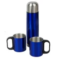 Metalowy termos Picnic 480 ml + 2 kubki, niebieski/srebrny, zestaw piknikowy, termos niebieski z kubkami, termos z logo