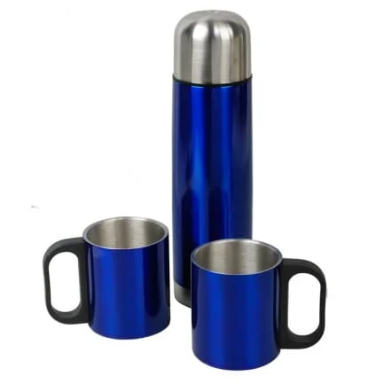 Metalowy termos Picnic 480 ml + 2 kubki, niebieski/srebrny, zestaw piknikowy, termos niebieski z kubkami, termos z logo